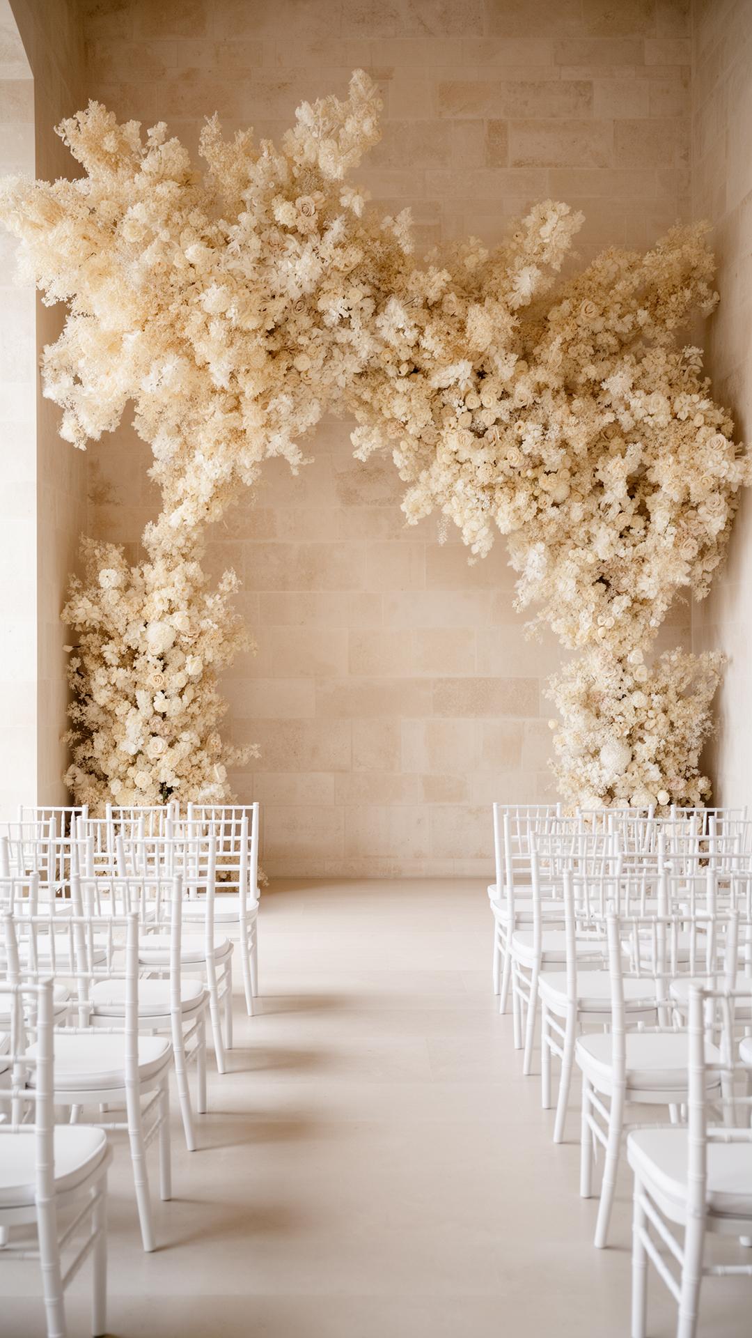 Architectural ivory floral arch above a minimalist ceremony aisle